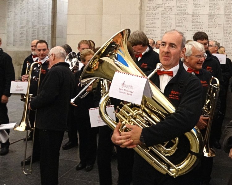 East Grinstead Concert Band getting read to play under the Menin Gate in Ypres (Ieper), Belgium. 